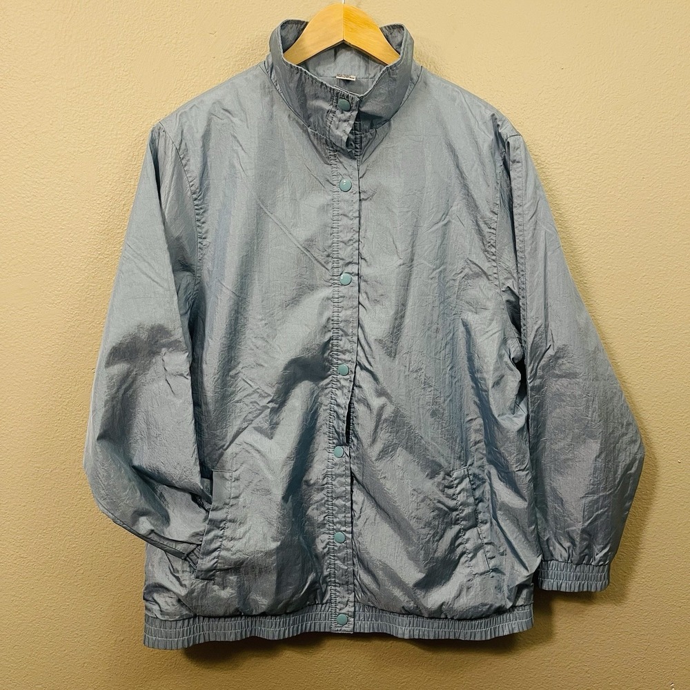 VTG Retro Shiny Light Blue Jacket 80s 90s‎ Snap Windbreaker Cotton Lined Sz L